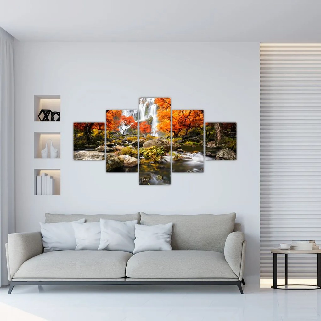 Obraz - Wodospady w jesiennym krajobrazie, pomarańczowy (125x70 cm)