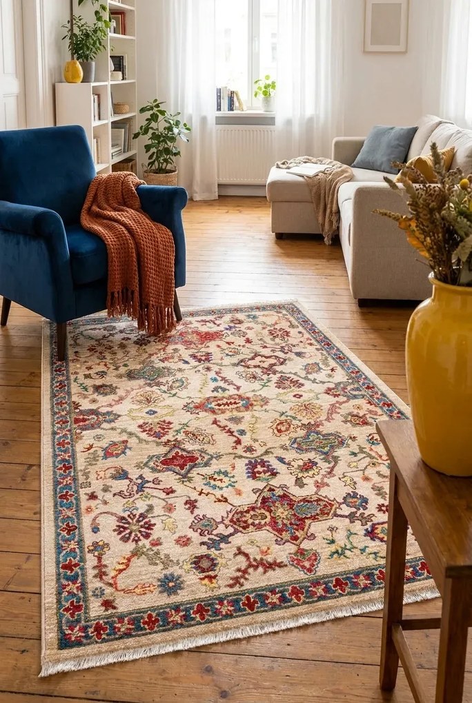 Prostokątny beżowy dywan w retro stylu A6-D14