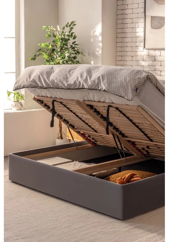 Szare tapicerowane łóżko dwuosobowe ze schowkiem z materacem i stelażem 160x200 cm Thessa Bold Line – Bonami Selection