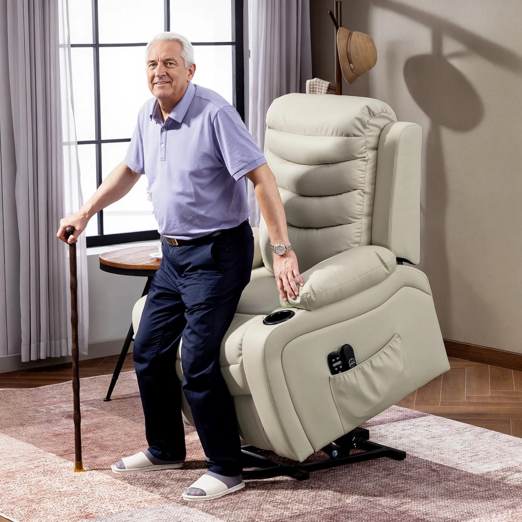 HOMCOM Fotel telewizyjny z elektrycznym podnoszeniem, masażem, podgrzewaniem, USB, kremowy PU | Aosom PL