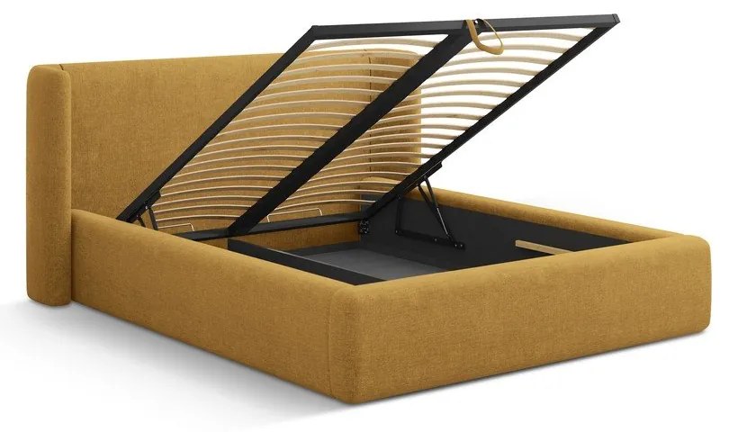 Musztardowe tapicerowane łóżko dwuosobowe ze schowkiem ze stelażem 200x200 cm Jason – Windsor &amp; Co Sofas