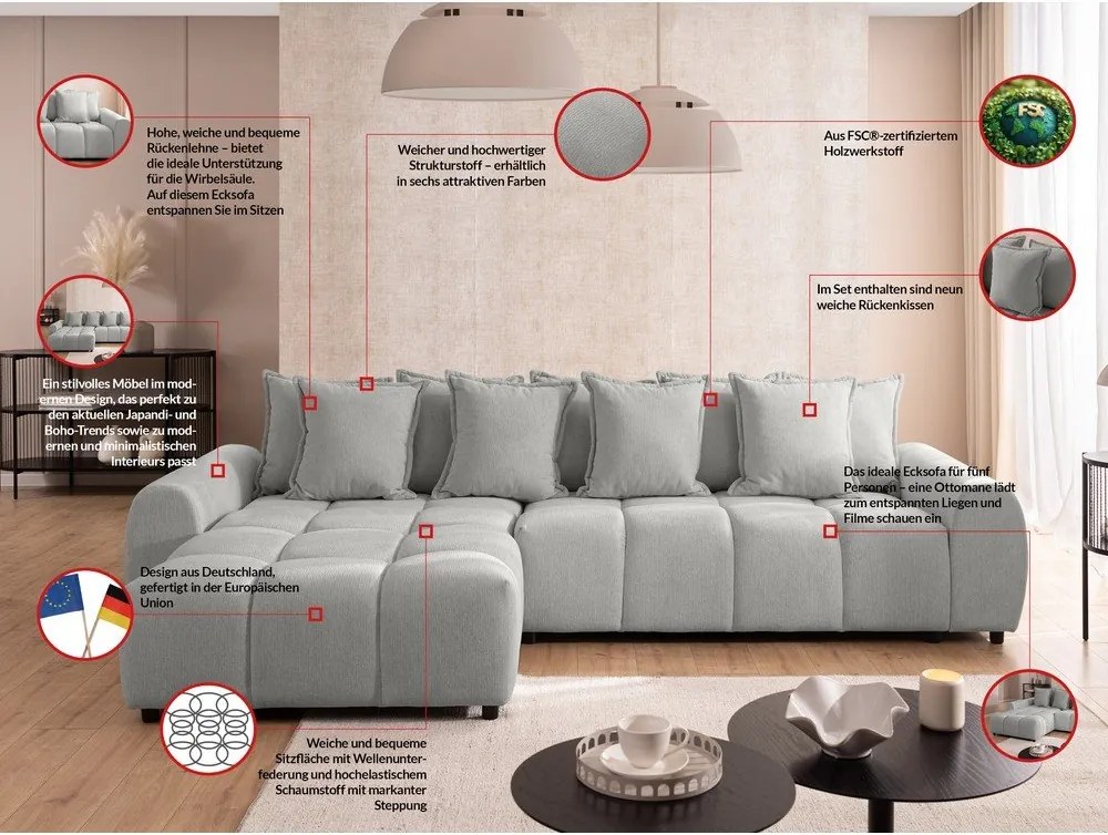 Jasnoszary narożnik (lewostronny/z szezlongiem) Albane – Ropez