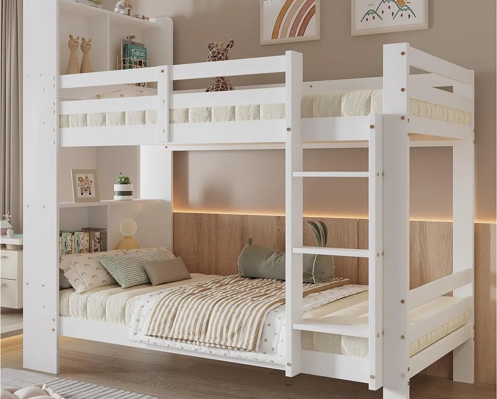 Łóżko piętrowe ze schowkami i drabinką - rama sosnowa - 90x200cm - białe