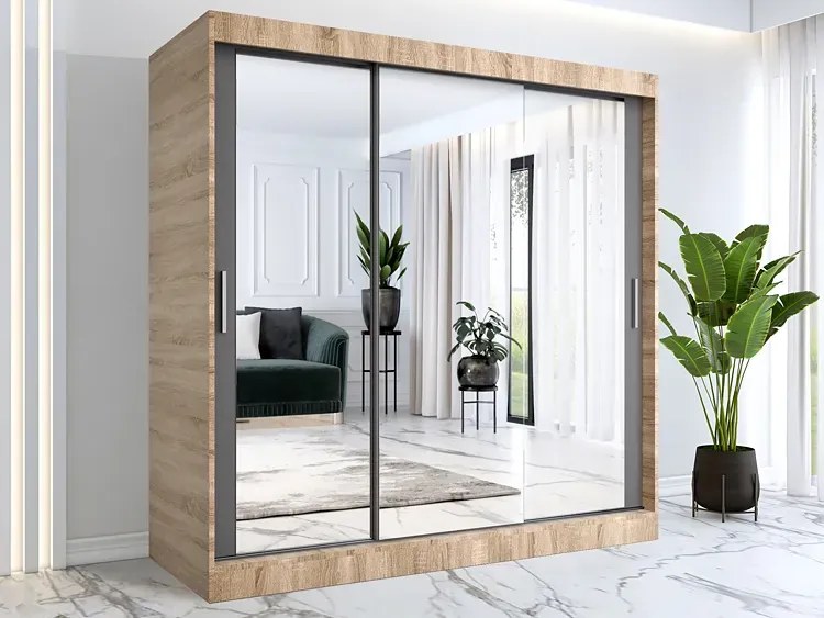 Szafa przesuwna z lustrem dąb sonoma + antracyt 200 cm - Kukkin 6X