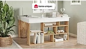 Biurko narożne ze schowkami - Kolor: Biały i naturalny - LILEUL