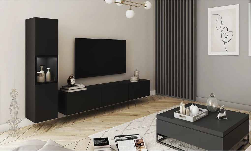 Meblościanka do salonu z oświetleniem, zestaw wisząco-stojący 2-elementowy z szafką RTV 180 cm i witryną, korpus czarny mat