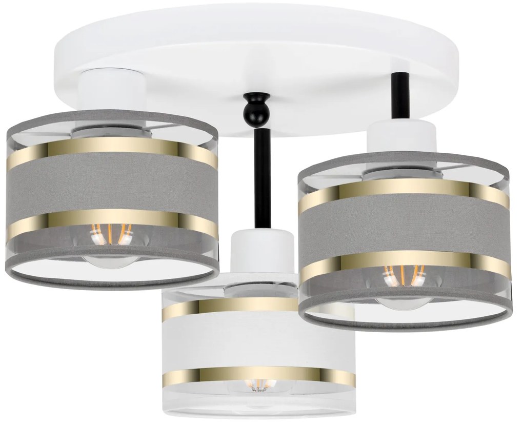 Lampa sufitowa biała trzypunktowa z szaro-białymi abażurami T-3030WE-G