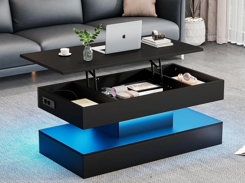 Nowoczesny stolik kawowy 100x50x42cm - z oświetleniem LED - ukryte schowki - z podnośnikiem hydraulicznym - czarny