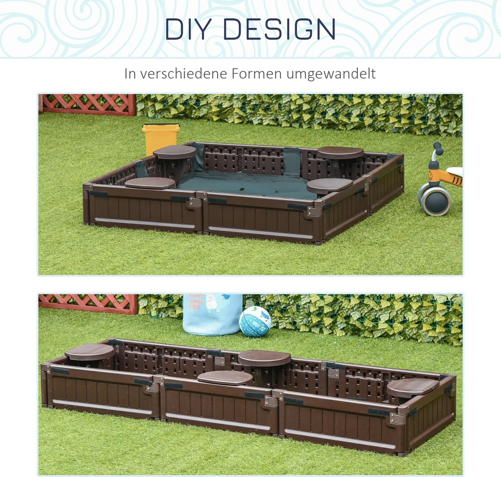 Outsunny Piaskownica z siedzeniami dla 4 osób, z podkładką i pokrowcem, dla dzieci w wieku od 3 do 12 lat, HDPE, 123 x 123 x 21 cm, brązowa