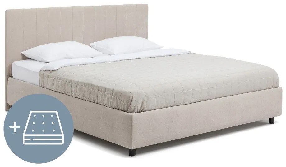 Beżowe tapicerowane łóżko dwuosobowe ze schowkiem z materacem i stelażem 160x200 cm Myra Slim Line – Bonami Selection