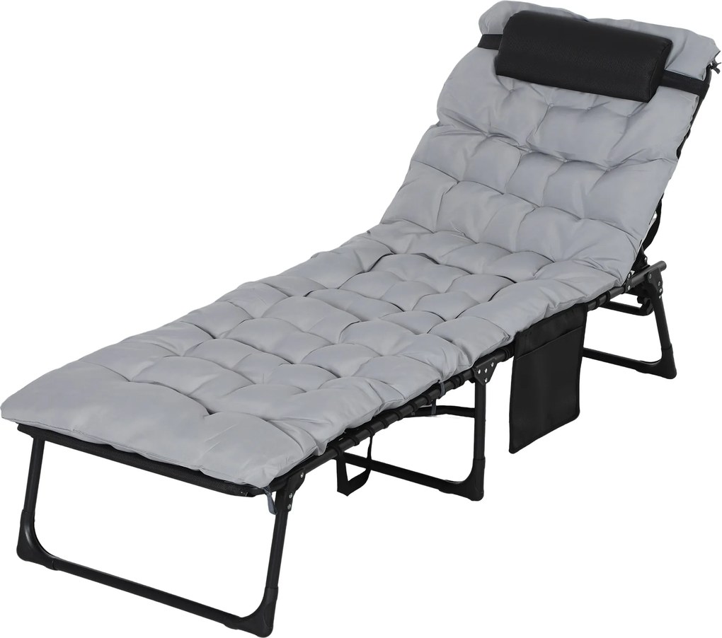 Outsunny Leżak składany, regulowane 5-pozycyjne oparcie, poduszka, wałek, do 120 kg, Stal, szary, 58 x 189 x 32,5 cm