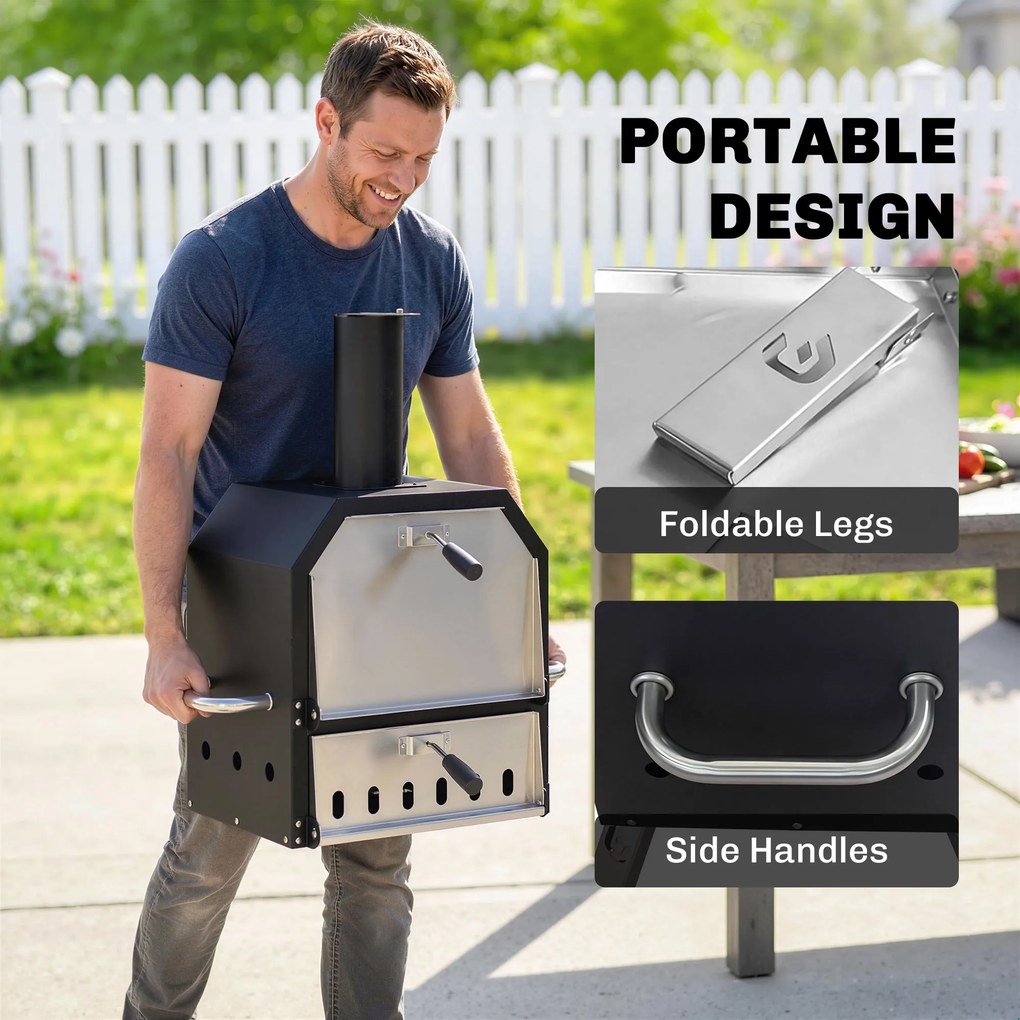 Outsunny Zewnętrzny Piec do Pizzy Opalany Drewnem Stal Nierdzewna 2 Poziomy z Kamieniem do Pizzy 1 cm, Składane Nóżki | Aosom PL