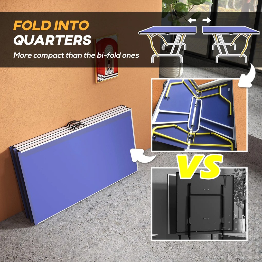 SPORTNOW Stół tenisowy składany z akcesoriami rakietki piłki siatka niebieski 274x152x76 cm | Aosom PL