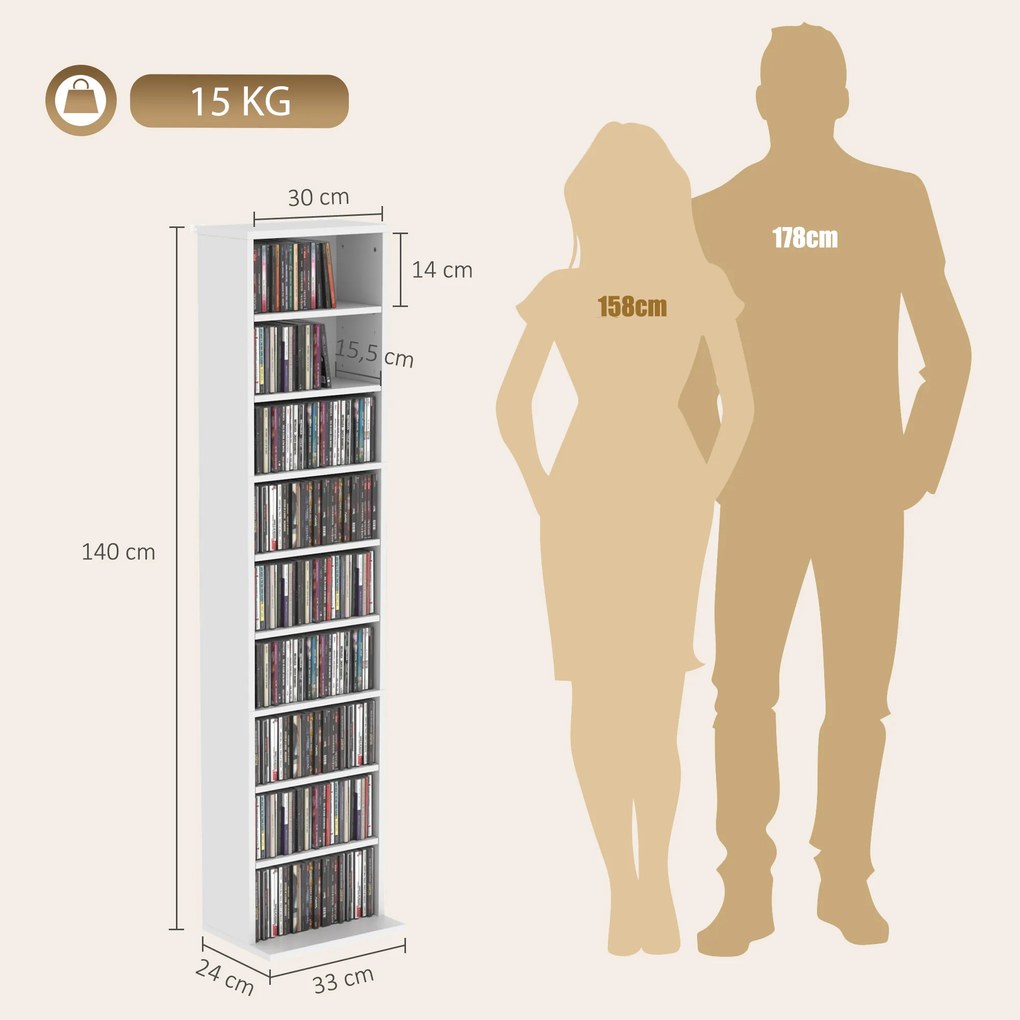 HOMCOM Regał na płyty CD/DVD, 9 poziomów, wąski regał stojący z 6 regulowanymi półkami, dla 260 płyt CD, Biały | Aosom PL