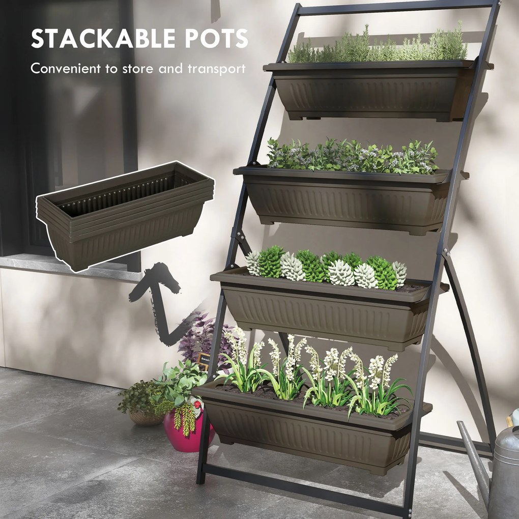 Outsunny Stojak na rośliny, Stojak na kwiaty z 4 poziomami, Regał na rośliny z otworami, Schody roślinne, Stal, Brązowy, 76 x 79 x 162 cm