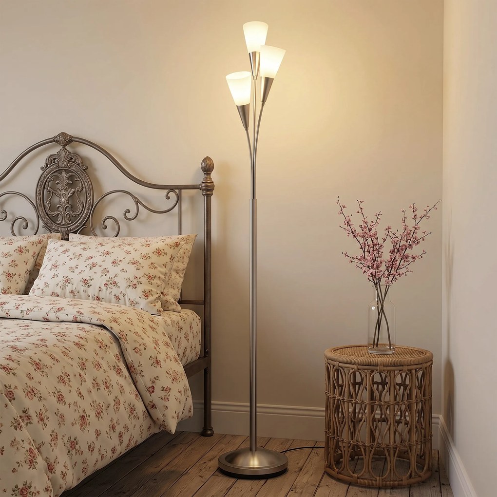 HOMCOM Lampa stojąca do salonu 40 W z włącznikiem nożnym, 3 x oprawka E14 do sypialni, biura, bez żarówek, srebrna | Aosom PL