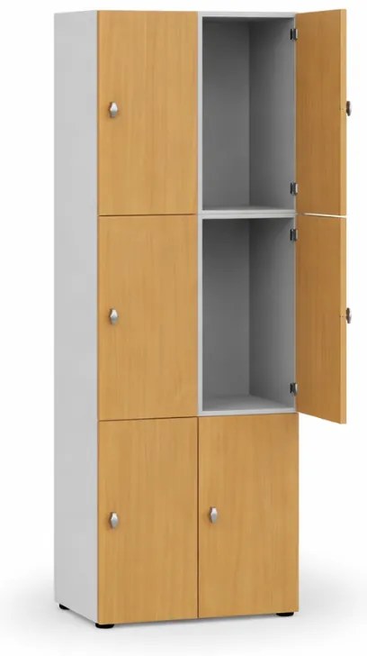 Drewniana szafka skrytkowa S4, 6 schowków, demontaż, zamek obrotowy, szary/orzech