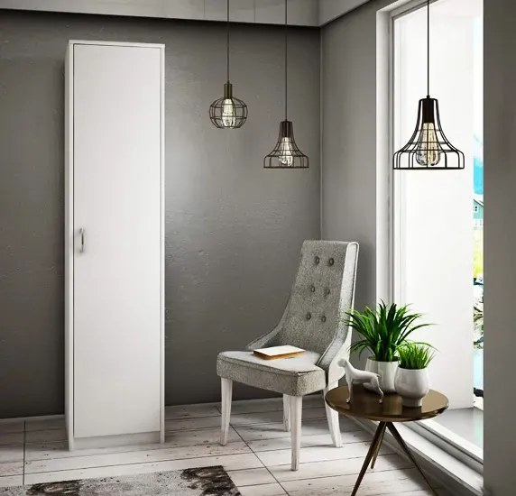 Biała wąska szafa z drążkiem i półkami S9-S46