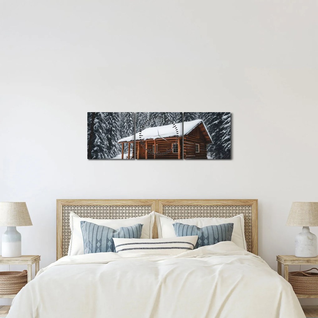 Obraz - Pokryta śniegiem chata (z zegarem) (90x30 cm)