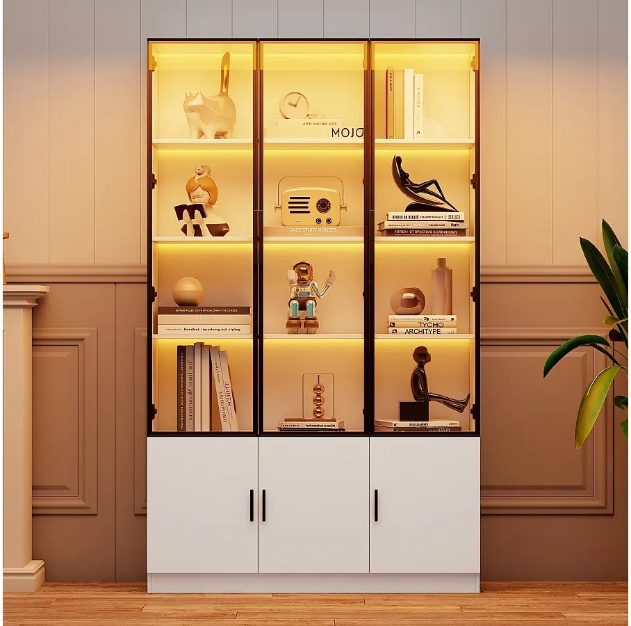 Nowoczesna, wysoka witryna - 120 x 32 x 200 cm - z diodami LED + 3 drzwi szklane + 3 drzwi drewniane - MDF - biała