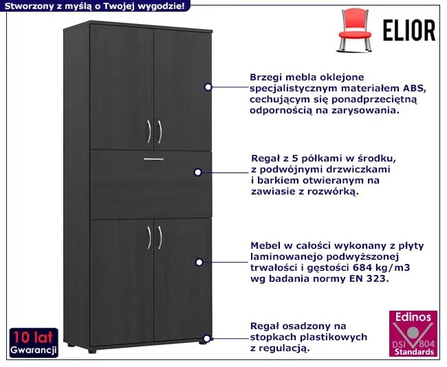 Klasyczny regał biurowy z drzwiczkami i barkiem wenge Lorenza 2X