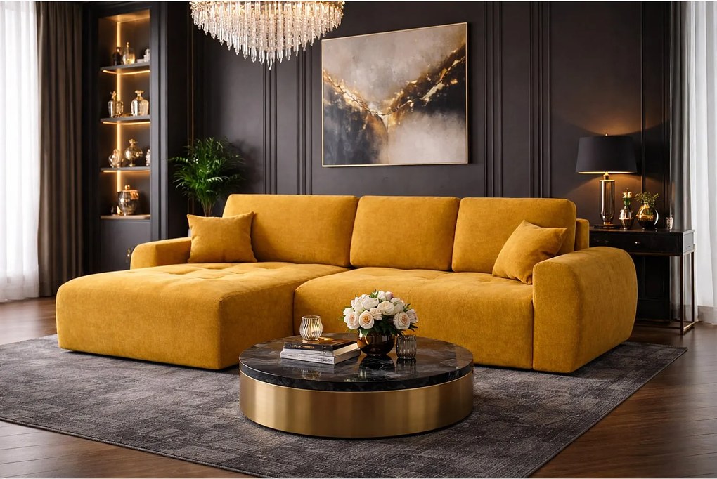 Narożnik w kształcie L z funkcją spania i pojemnikiem Ivo L, tkanina welurowa Salvador, Żółty, Lewy