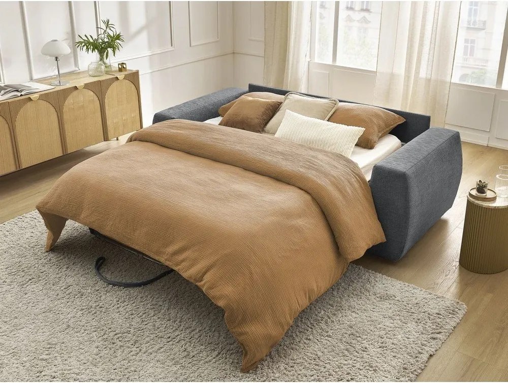 Ciemnoszara rozkładana sofa do spania z tkaniny szenilowej 220 cm Hugo – Bobochic Paris