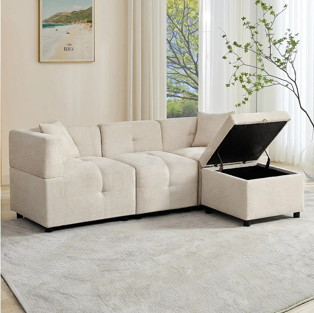 Narożnik z pufem ze schowkiem - beżowy szenil - ergonomiczne, wyściełane oparcie, do salonu lub biura