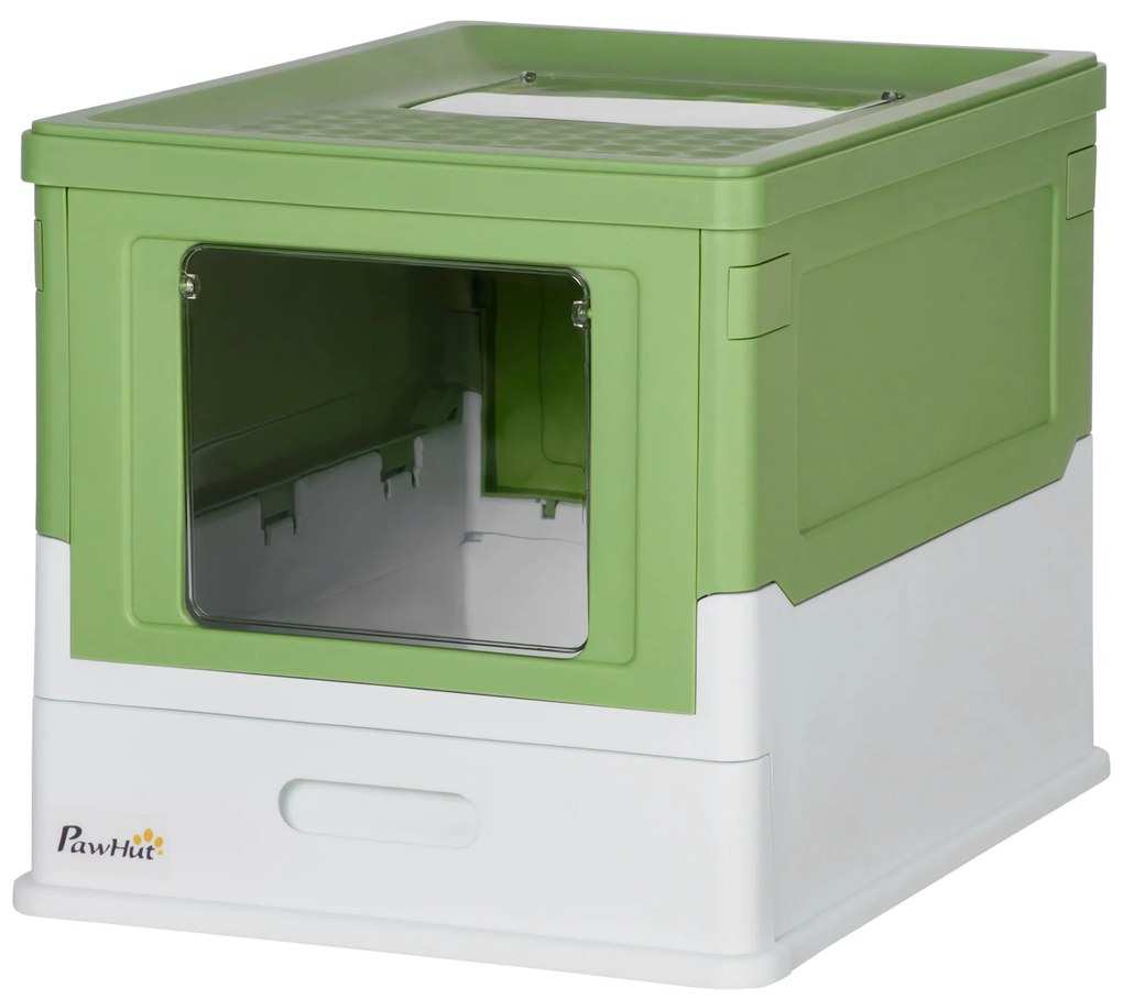 PawHut Kuweta dla Kota, Składana, z 2 Drzwiami i Łopatką, 47,5x35,5x36,7cm, Biały/Zielony