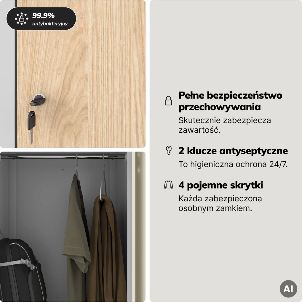 Szafa socjalna ubraniowa typu L, czterokomorowa, szara/dąb sonoma, 800x1850x450 mm: JULIA Eco Design
