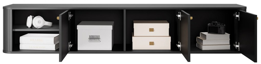 Szafka RTV Vesper 3D wisząca 187 cm na cokole - czarny / złote uchwyty