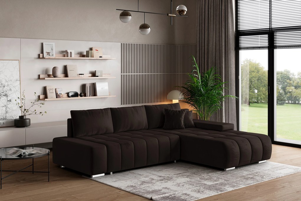 Masseno Narożnik ALESE z funkcją spania i pojemnikiem na pościel Narozniki L, Rozkładana sofa - Brązowy, MONOLITH 29