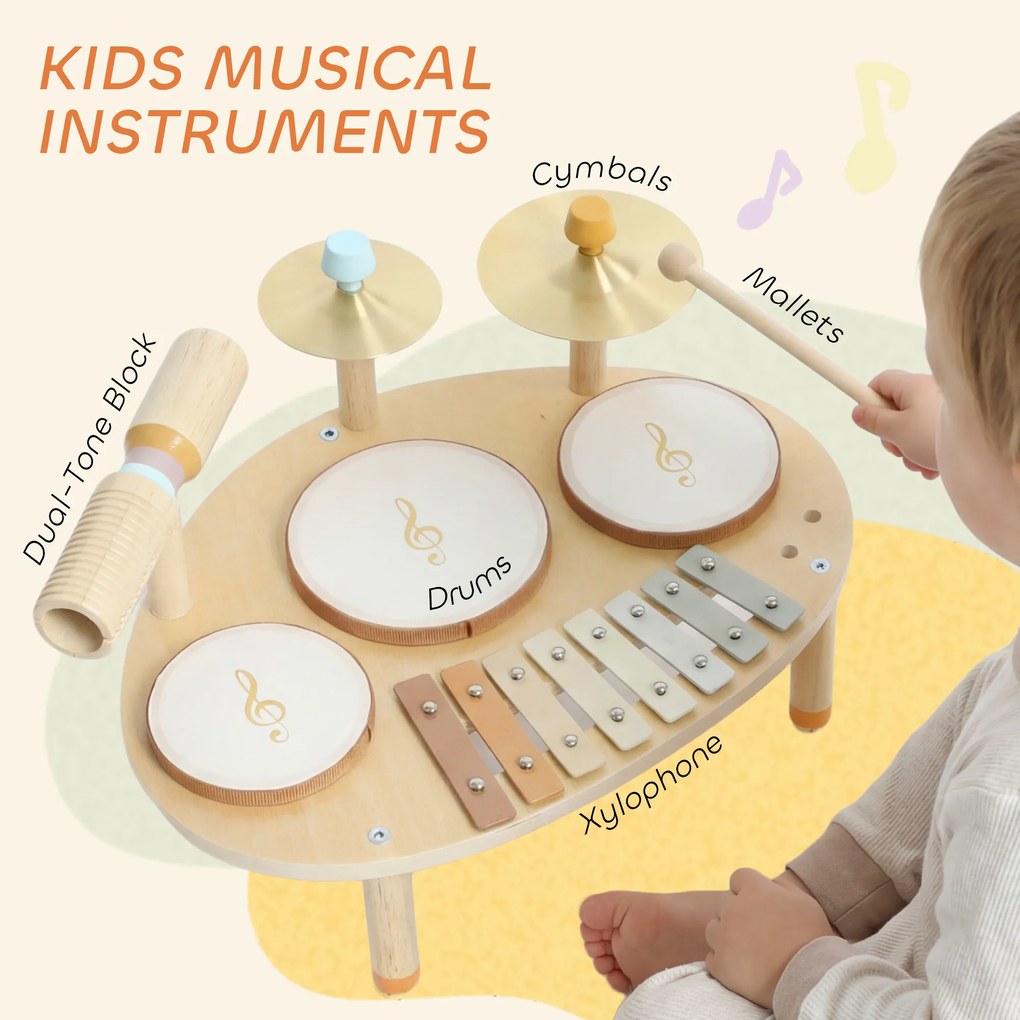 AIYAPLAY Zestaw Instrumentów Muzycznych 4-w-1 dla Dzieci z Bębnami, Ksylofonem i Perkusją – Montessori Zabawka Edukacyjna dla Dzieci od 2 Lat | Aosom PL