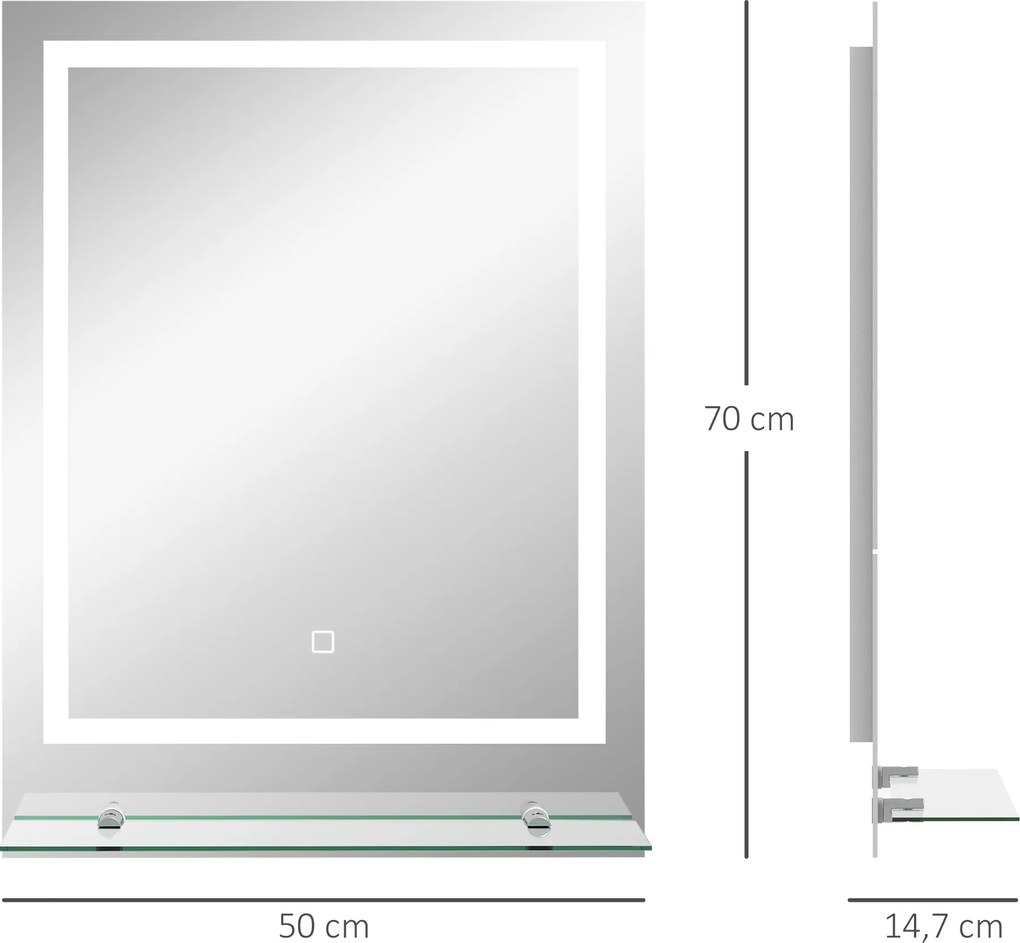 kleankin Lustro łazienkowe LED 70x50 cm podświetlane podgrzewane antypara 3 kolory światła dotykowe ścienne wiszące nowocześnie | Aosom PL
