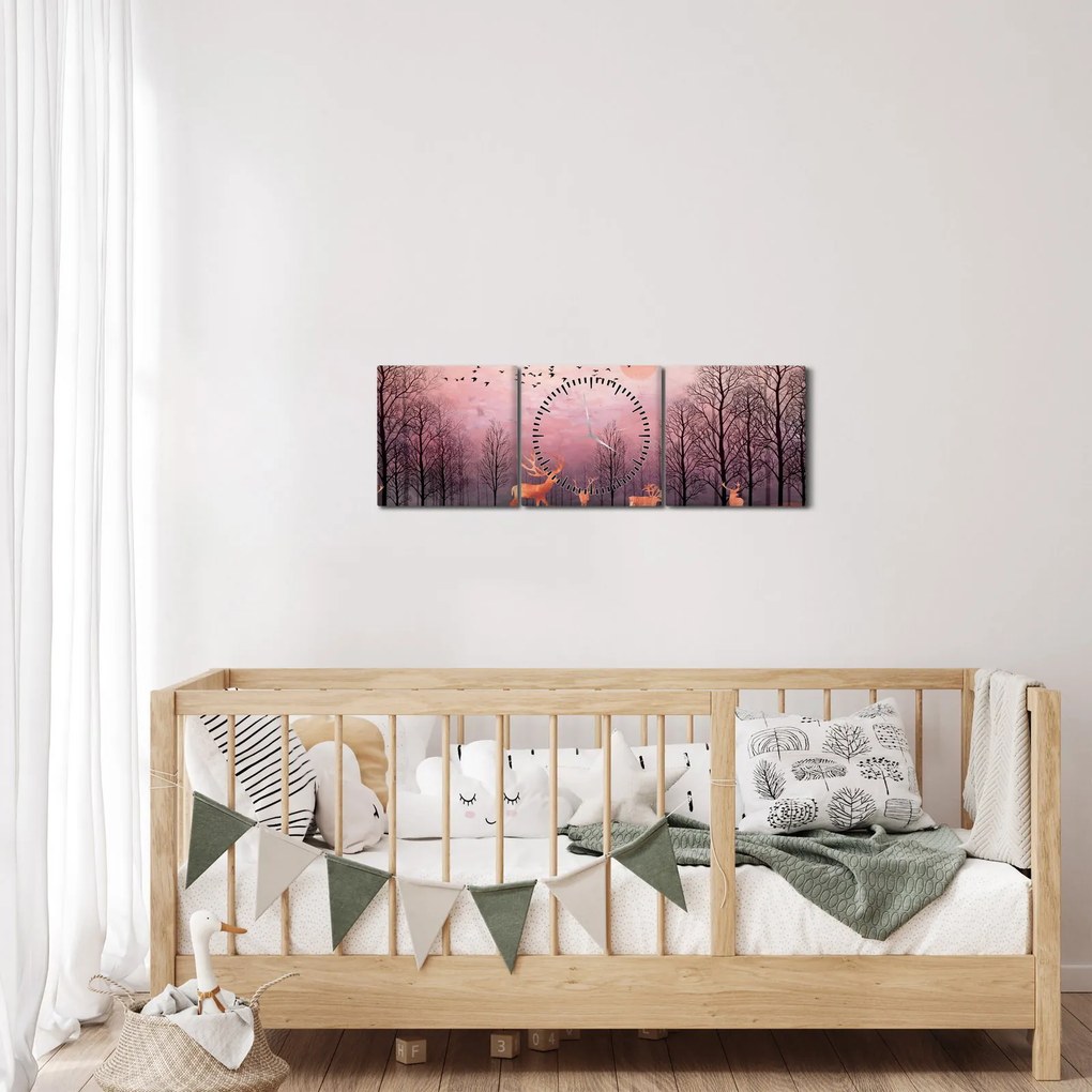 Obraz - Jeleń w blasku zachodzącego słońca (z zegarem) (90x30 cm)