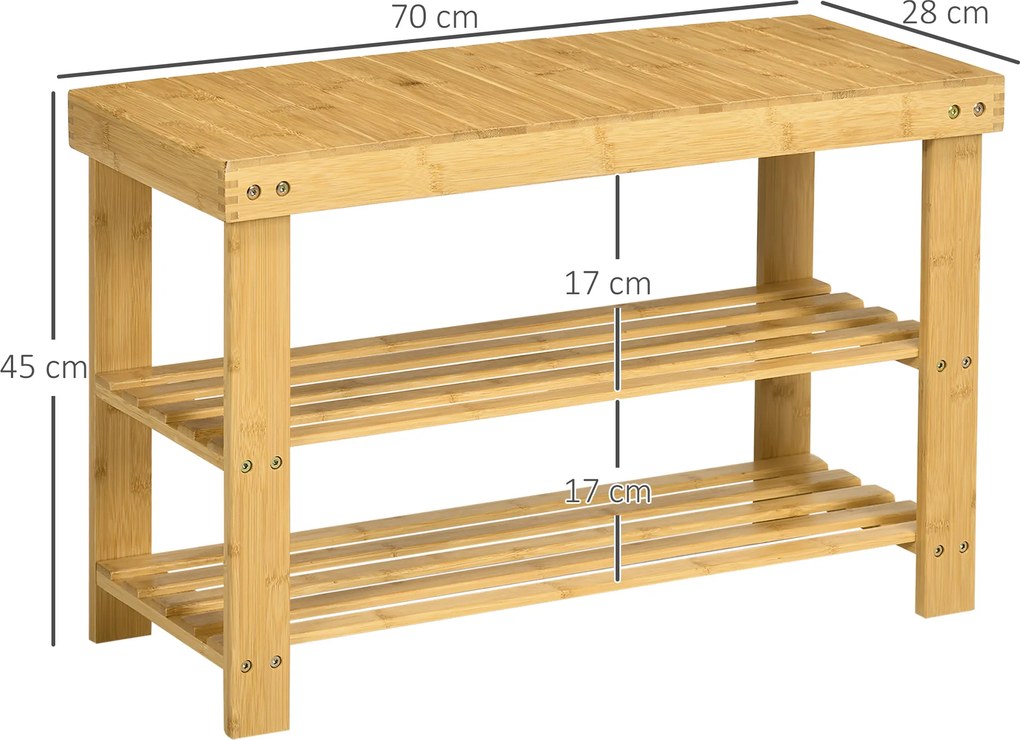 HOMCOM Ława na Buty, 3 Poziomy, Pomieści 6-9 Par Butów, do 130 kg, Bambus, 70 x 28 x 45cm