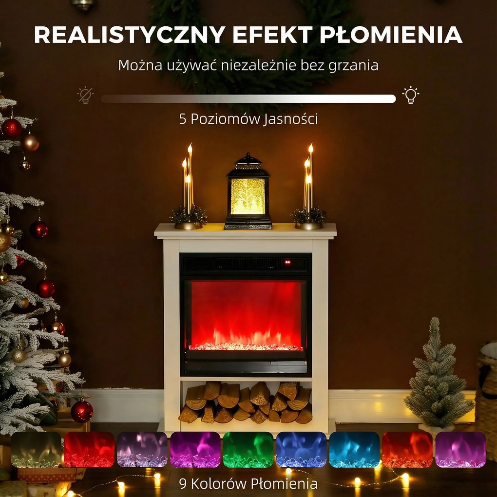 HOMCOM Kominek elektryczny, realistyczne płomienie w 9 kolorach, regulowana jasność, 1800W, pilot, timer, Biały