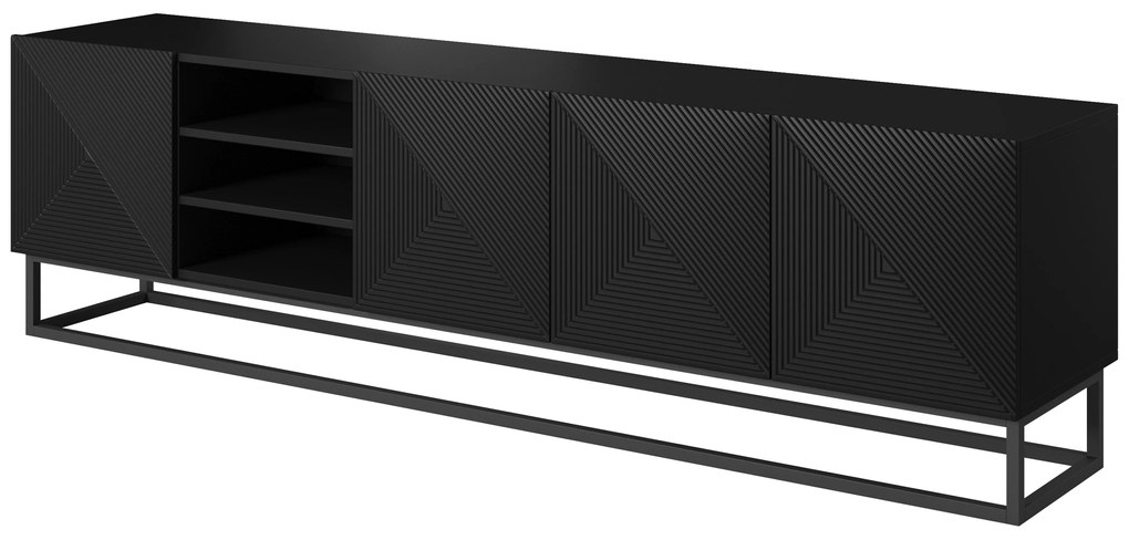 Szafka RTV Asha 200 cm ryflowana z wnęką i metalowym stelażem - czarny mat