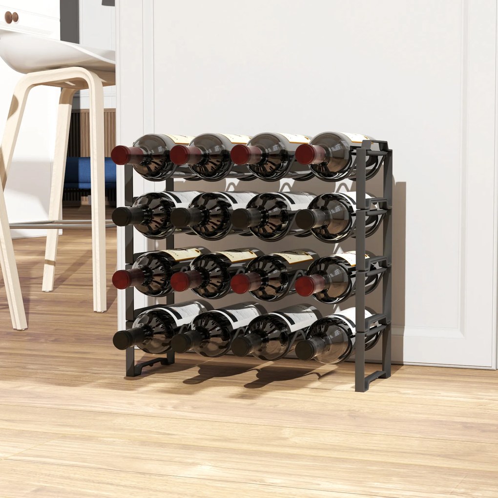 HOMCOM 4-poziomowy Regał na Wino, wolnostojący dla 16 butelek, Metal, Czarny