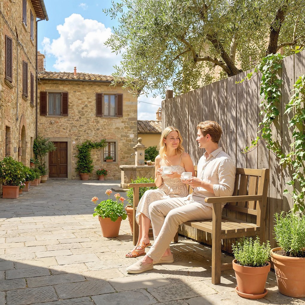 Outsunny Ławka ogrodowa 3-osobowa, odporna na warunki atmosferyczne, z oparciem i podłokietnikami, drewno, 360 kg nośności, teak | Aosom PL
