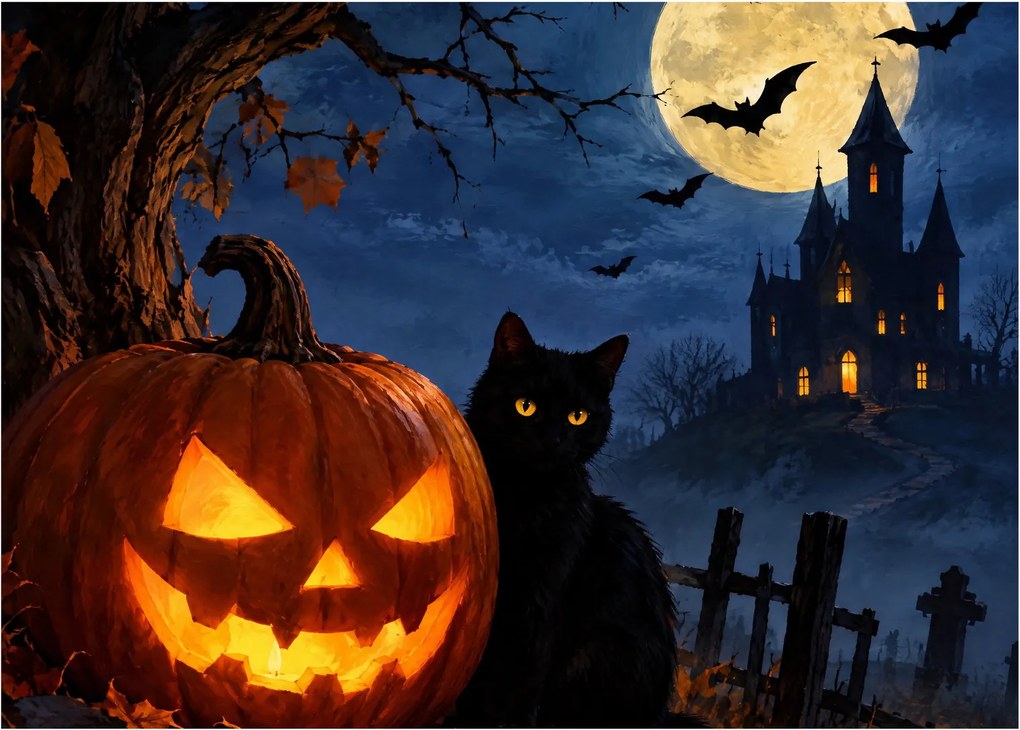Obraz na szkle - Czarny kot przy świecącej dyni na Halloween (70x50 cm)