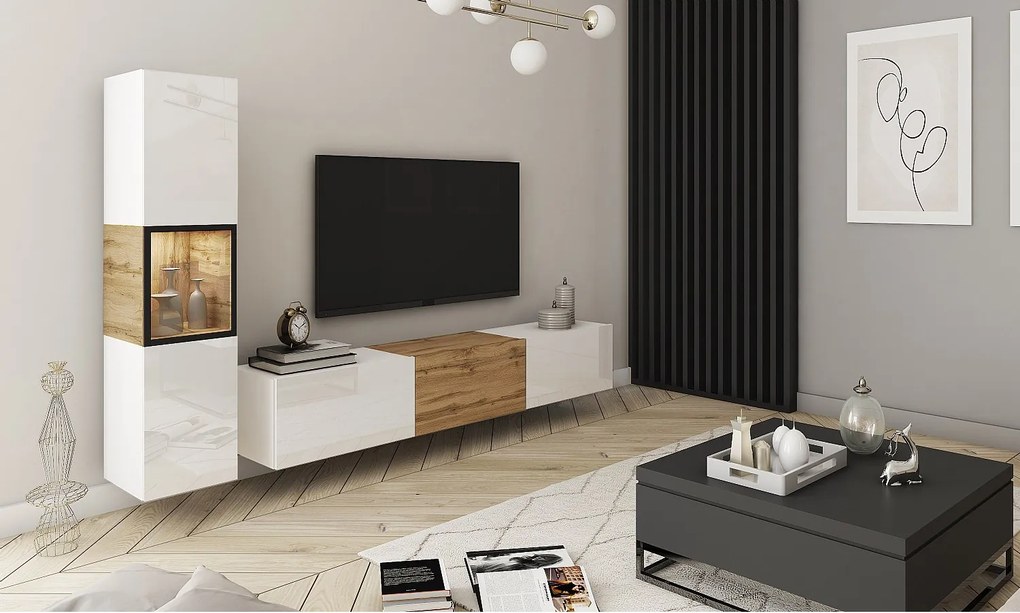 Nowoczesna meblościanka z oświetleniem, zestaw wisząco-stojący 2-elementowy z szafką RTV 180 cm i witryną, korpus biały mat, fronty biały połysk, wstawka dąb wotan