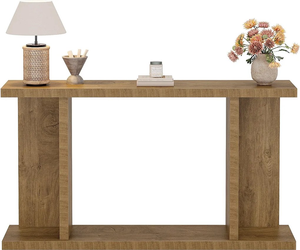 Stolik konsolowy 140 cm, 2-poziomowy stolik kawowy w stylu wiejskim, za kanapą