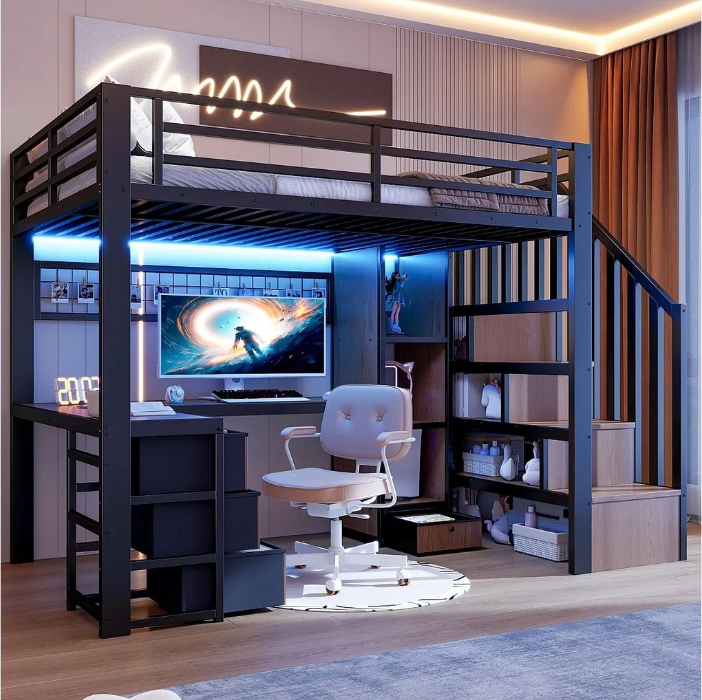 Łóżko piętrowe dla dzieci - 90 x 200 cm - rama żeliwna - z 4 szufladami + półka + drabinka + diody LED + biurko - metalowe - czarne