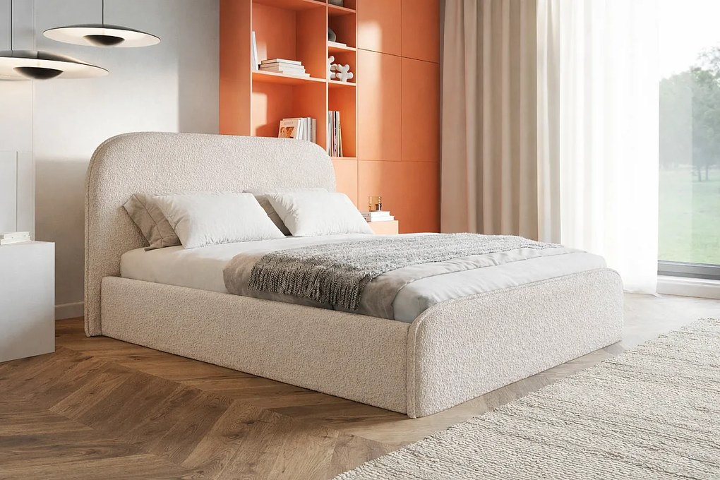 Łóżko tapicerowane 140x200 Wendra - stelaż metalowy, okrągłe zagłowie, boucle - beżowy (Catch Me 2)