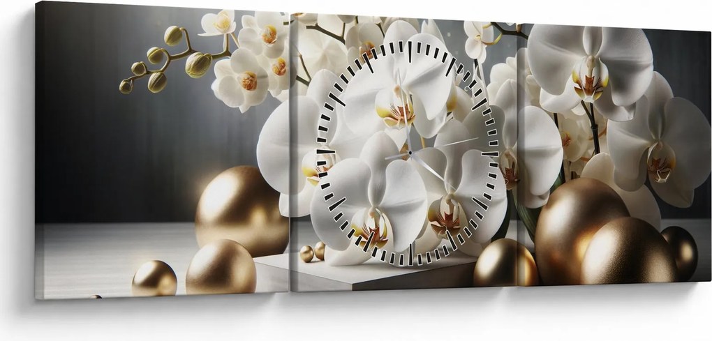 Obraz - Orchidea i złote kule (z zegarem) (90x30 cm)