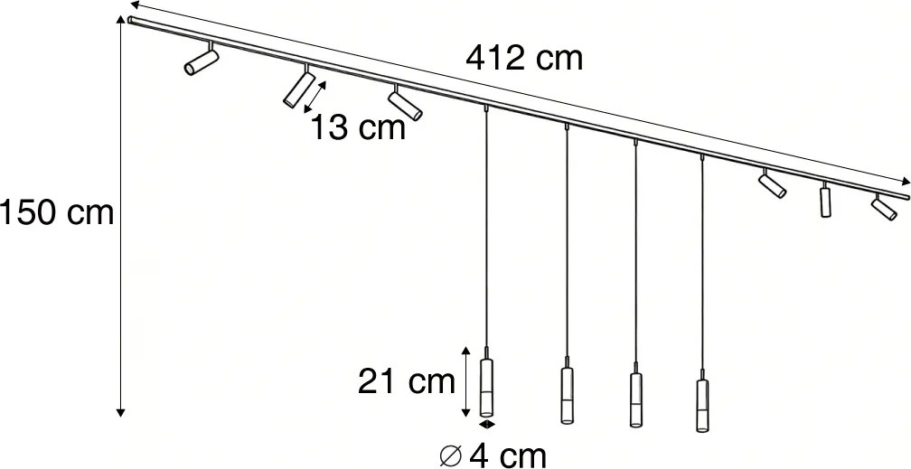 Nowoczesny system szynowy czarny z 6 reflektorami i 4 lampami wiszącymi 1-fazowy - Slimline Uzzy Loyce
