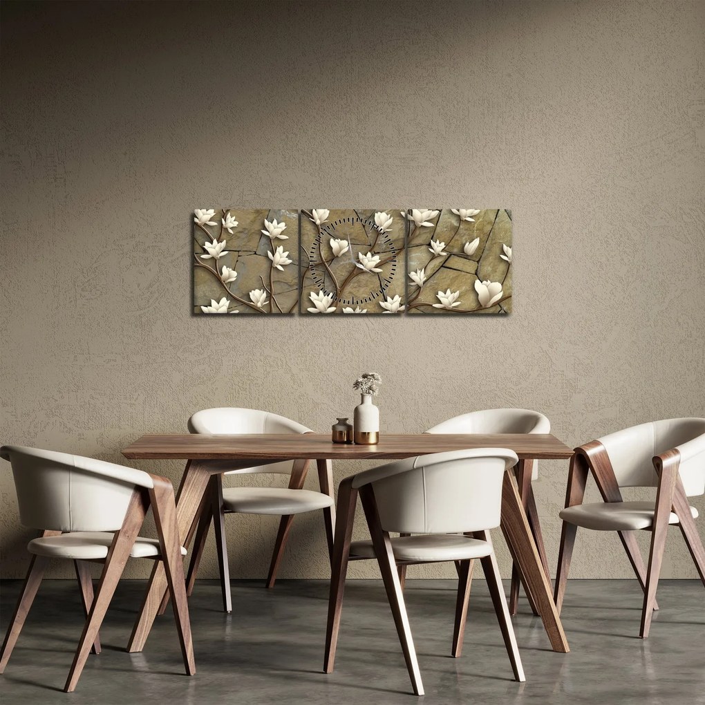Obraz - Białe magnolie na murze kamiennym (z zegarem) (90x30 cm)