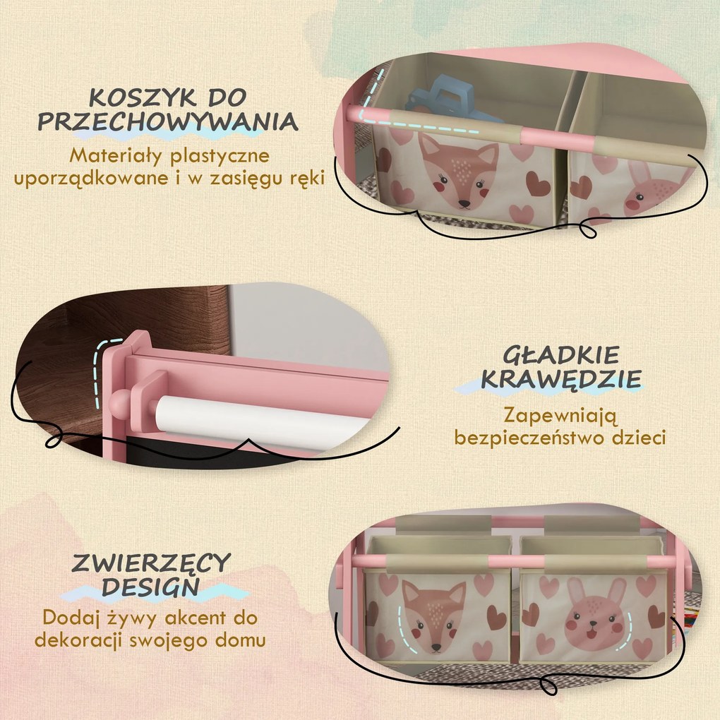 AIYAPLAY 3w1 Tablica dla dzieci z rolką papieru, kredowa, biała, z koszami na akcesoria, 54 x 46,5 x 93 cm, różowa