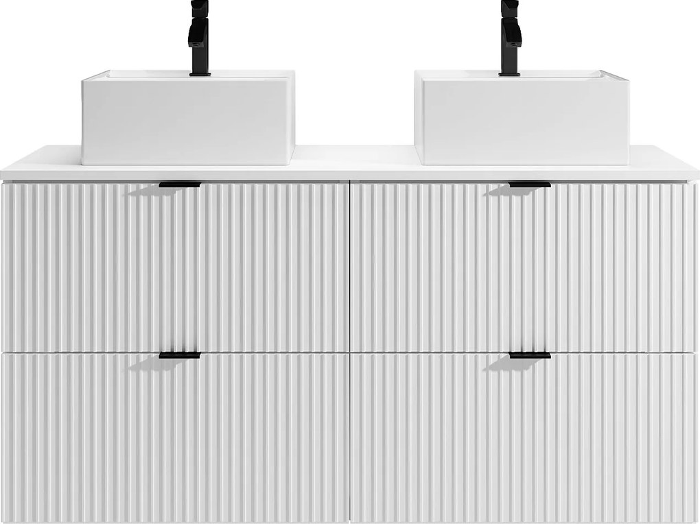 Wisząca ryflowana szafka łazienkowa z okrągłą umywalką nablatową kwadratową - Biały mat - 120 cm - ZEVINI